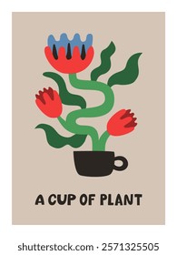 A cup of plant interior poster 3x4 with doodle graphic elements. Cute blossom plant in the pot. Hand drawn vector illustration