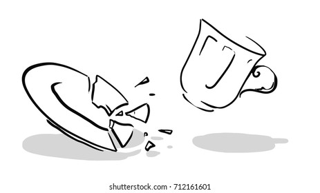 the cup and the plate fell and crashed, black and white simple drawing, sketch, vector