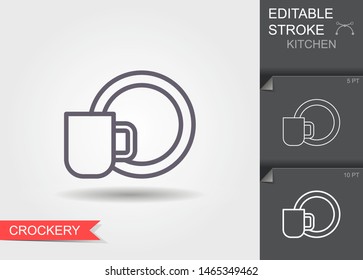 Cup and a plate. Outline icon with editable stroke. Linear symbol of the kitchen and cooking with shadow