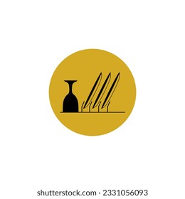 cup and plate rack icon in simple and black line style, minimalist kitchen icon on orange background.