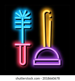 cup plunger and brush neon light sign vector. Glowing bright icon cup plunger and brush sign. transparent symbol illustration