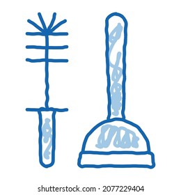 cup plunger and brush sketch icon vector. Hand drawn blue doodle line art cup plunger and brush sign. isolated symbol illustration