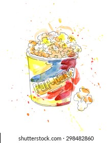 Cup Of Popcorn, Watercolor Sketch