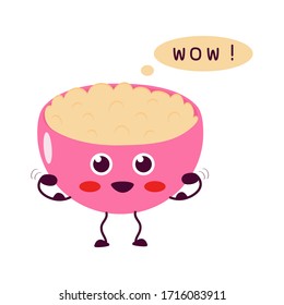 Cup with porridge. A cute, attractive character goes in for sports. Natural breakfast. Vector illustration. For packaging, brochures, advertising, design.