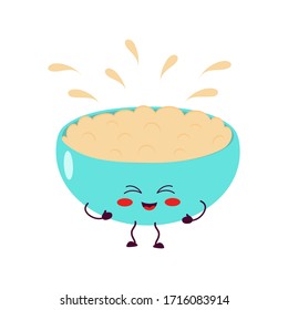 Cup with porridge. A cute, attractive character is cheerful, joyful. Natural breakfast. Vector illustration. For packaging, brochures, advertising, design.