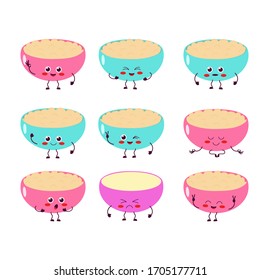 Cup with porridge. Set of cute, attractive characters with different emotions. Natural breakfast. Vector illustration for packaging, brochures, advertising, design.