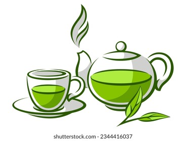 Cup and pot with green tea. Illustration of traditional drink.