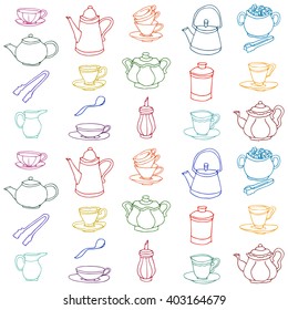 Cup, pot, tableware hand drawn colorful pattern