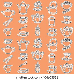 Cup, pot, tableware hand drawn orange pattern