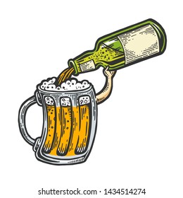 Cup pours beer from bottle color sketch engraving vector illustration. Scratch board style imitation. Black and white hand drawn image.