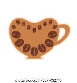 Cup with print of coffee beans. Sticker, label, clip art for cafe, cafeteria, menu, barista, coffee lovers. Flat vector illustration.