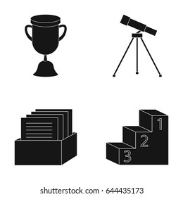 Cup, prize, telescope, catalog in a box and pedestal of honor. School set collection icons in black style vector symbol stock illustration web.