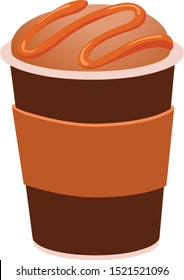 A cup of pumpkin spice latte with foam and caramel drizzle on the coffee, inside a brown and orange coffee shop cup.