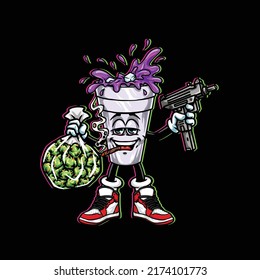 cup purple vector hold gun, weed nug bag and smoking blunt cannabis bud flower marijuana and happy face