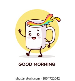 A cup of rainbow drink. A vector image of a cup that can be used for printing on cups or T-shirts. Cup character with arms and legs walks with a smile.