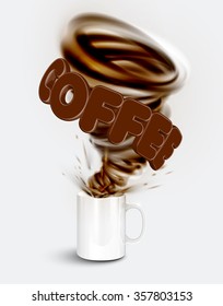 A cup of a realistic hot coffee with a huge whirl, vector