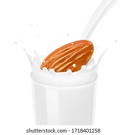 Cup with realistic milk splashes and almond nut. Vector illustration isolated on white background. Ready for your design. EPS10.	