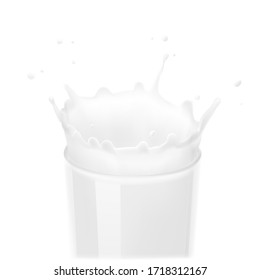 Cup with realistic milk splashes and drops. Vector illustration isolated on white background. Ready for your design. EPS10.	