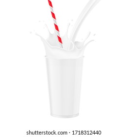 Cup with realistic milk splashes, drops and straw. Vector illustration isolated on white background. Ready for your design. EPS10.	