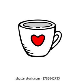 A cup with red heart. Hand drawn vector illustration. I love coffee and tea. Sketch icon. Kitchen stuff and elements.