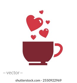 Taza con el icono de los corazones rojos, amor para la bebida caliente, concepto del día de San Valentín, amantes que beben, símbolo plano del Web, Ilustración vectorial