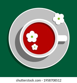 A cup of red hibiscus tea with white flowers on a saucer on a green background. Flat design. Vector illustration for menu, cafe, restaurant, recipes.