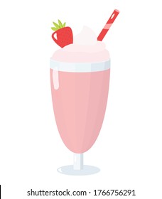Cup of red milkshake with cream and strawberry on top. Flat vector illustration isolated on white background for cafe, restaurant or menu.