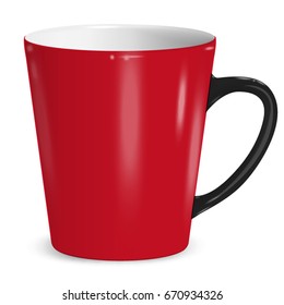 Cup red vector realistic. Mock Up ceramic Latte and coffee, isolated on transparent background. Clip art, Branding. You can change the color of the cup and the handle.