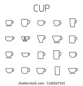 Cup related vector icon set. Well-crafted sign in thin line style with editable stroke. Vector symbols isolated on a white background. Simple pictograms.
