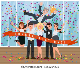 Cup Reward Leader. Congratulations from Colleagues and Toss Up Boss. Business Development Company. Human Resource. Working Time. Teamwork Concept. Teambuilding in Office. Vector Flat Illustration.