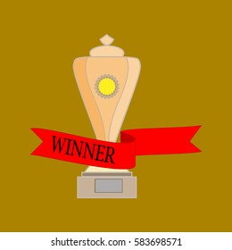 Cup and ribbon reward. Modern symbol of victory and award achievement sport. Insignia ceremony awarding of winner tournament. Colorful template for badge, tag etc. Design element. Vector illustration