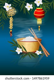 Cup of rice and chopsticks hot stands on leaves and flowers blue background