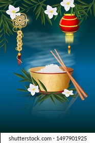 Cup of rice and chopsticks hot stands on leaves and flowers blue background