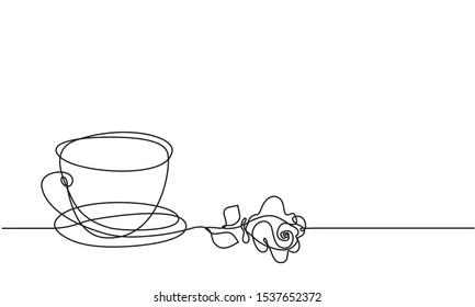 Cup and rose flower. Continuous line drawing. Sketch. Tea or coffee