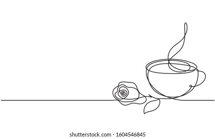 Cup and rose flower. Continuous line drawing. Sketch. Tea or coffee