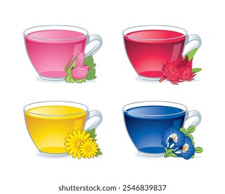 Tasse Rosensaft, Roselsaft, Chrysanthemum-Tee, Schmetterlingserbensaft mit Blüte und Blatt einzeln auf weißem Hintergrund.