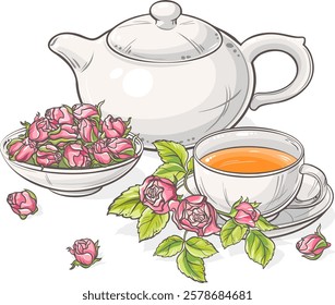cup of rose tea and  teapot isolated