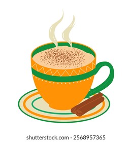 Cup of salep. Traditional turkish hot drink with cinnamon sticks. Hand drawn vector illustration