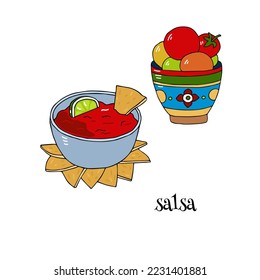 A cup of salsa with a slice of lime and a Mexican-style patterned cup with tomatoes isolated on white background. Hand drawn element for the design of fabrics, wallpapers, postcards