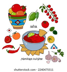 A cup of salsa with a slice of lime and a Mexican-style patterned cup with tomatoes isolated on white background. Hand drawn element for the design of fabrics, wallpapers, postcards