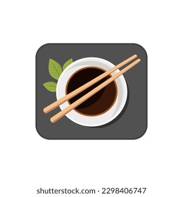 Cup of sauce and chopsticks, top view. Cartoon vector illustration isolated on white background.
