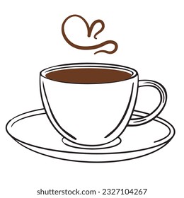Cup and saucer with coffee and aroma. Vector outline illustration isolated on white background. Simple element for coffe, Tea, beverage theme poster, flyer, icon design.