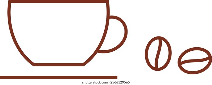 Cup with saucer and coffee beans simplified outline image. Vector illustration with transparent background.