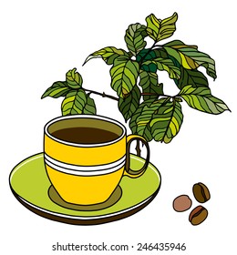 Cup and saucer with coffee beans and coffee tree. Vector clip art for design