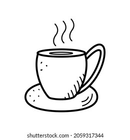 A cup with a saucer of coffee or hot tea icon, vector illustration of a doodle. Concept warming drink.