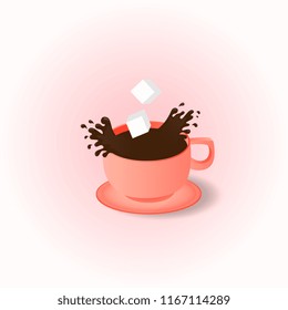 Cup and saucer. Coffee Spray. Spray the coffee. Pieces of sugar fall into a dark drink.