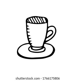 Cup and saucer in doodle style isolated on white background. Template for postcard, banner, poster, web design. Hand Drawn vector illustration.