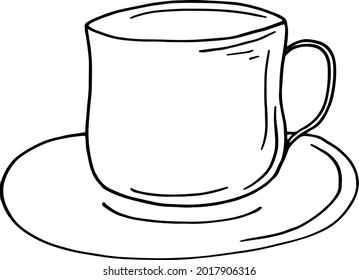 cup and saucer. hand drawn doodle icon. vector, scandinavian, nordic, minimalism, monochrome. kitchen, cozy home, hygge cafe hot drink coffee tea