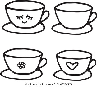 cup and saucer hand drawn set of elements in doodle style. vector scandinavian monochrome minimalism. tea, coffee, kitchen, comfort, cafe, drink, menu, icon