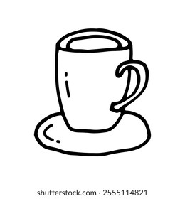 Cup and saucer. Hot aromatic coffee or tea. Doodle. Vector illustration. Hand drawn. Outline.